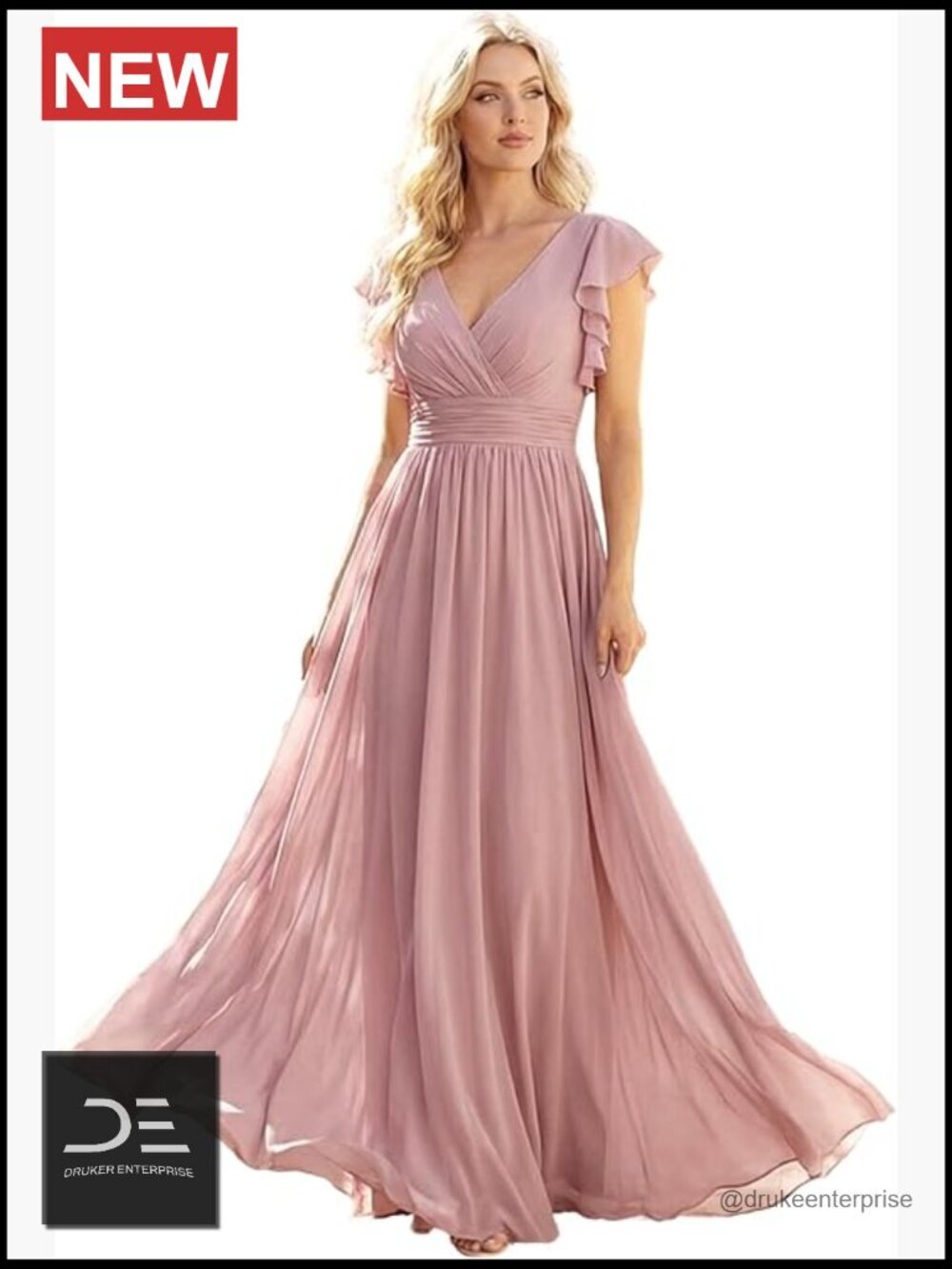 Flowy Chiffon A-Line Formal Bridesmaid Dress Short Sleeve Back Cutout